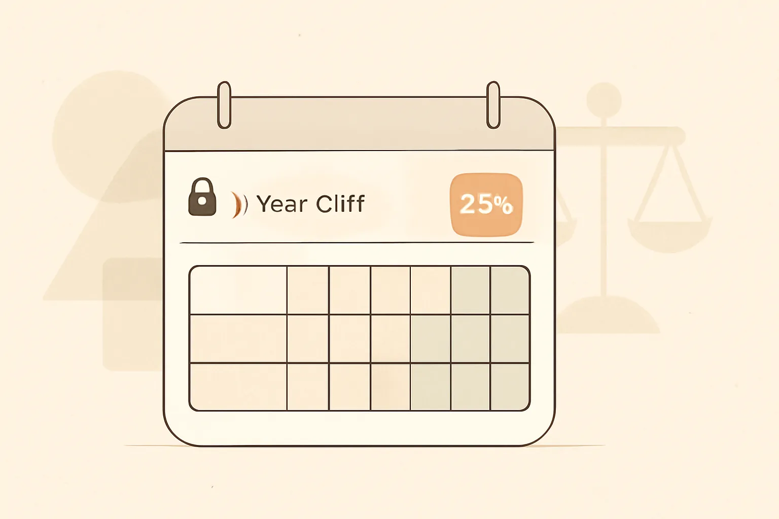 Minimalist graphic of a 4-year cliff vesting calendar with legal scale icons