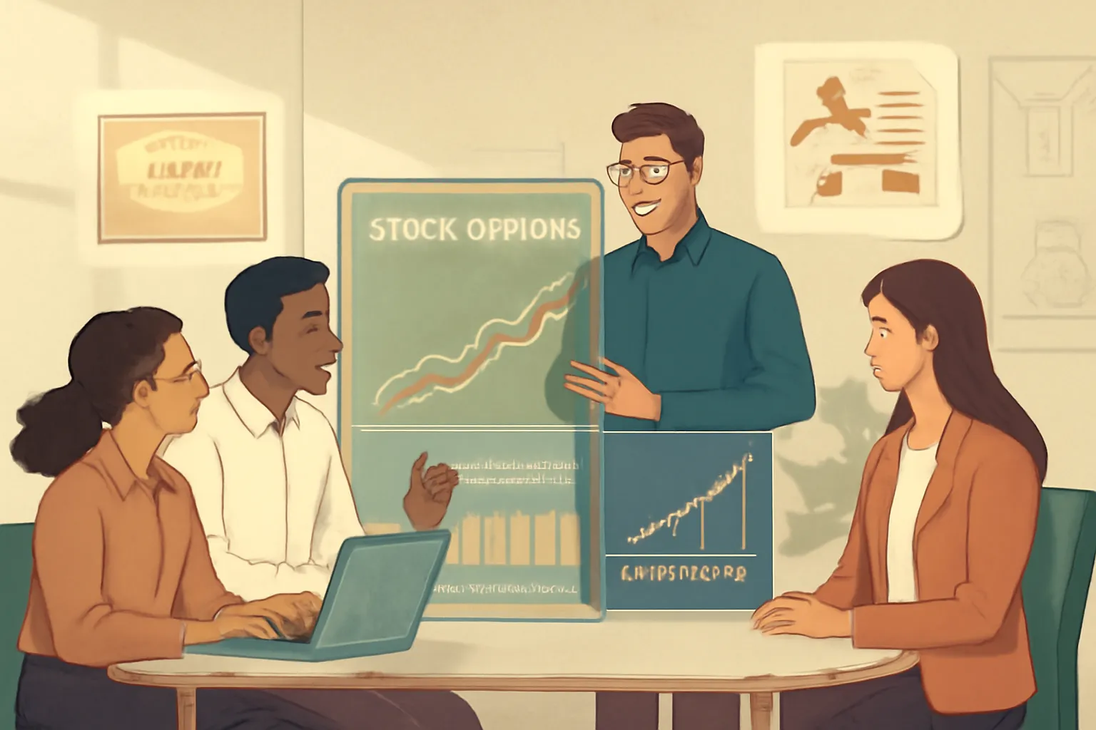 Office scene depicting teamwork, stock options, and legal compliance in a textured vintage style