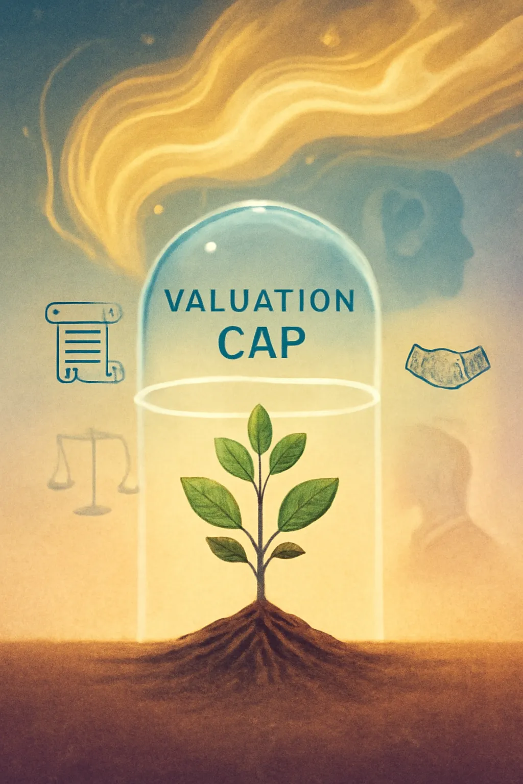 Illustration of a young startup tree protected by a glowing valuation cap dome symbolizing investor security.