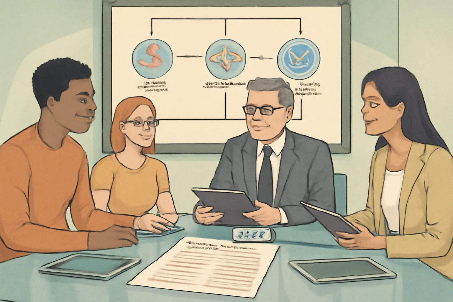 Startup team with lawyer reviewing detailed vendor contracts in a modern office setting