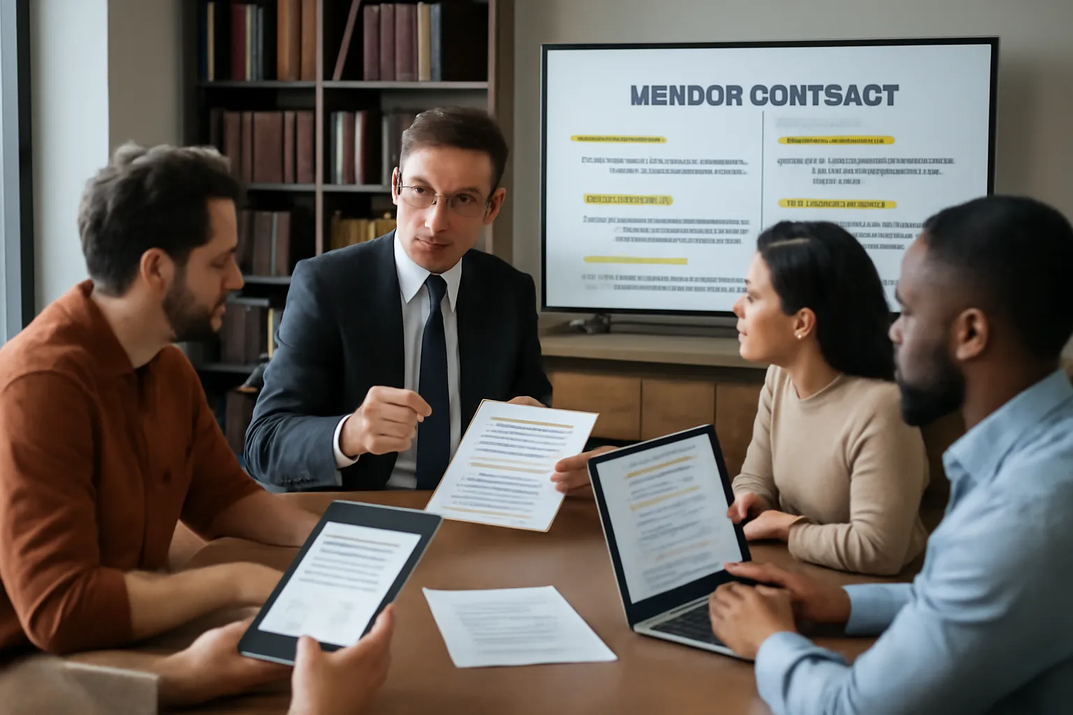 Team reviewing vendor contract templates with a lawyer in a modern office setting