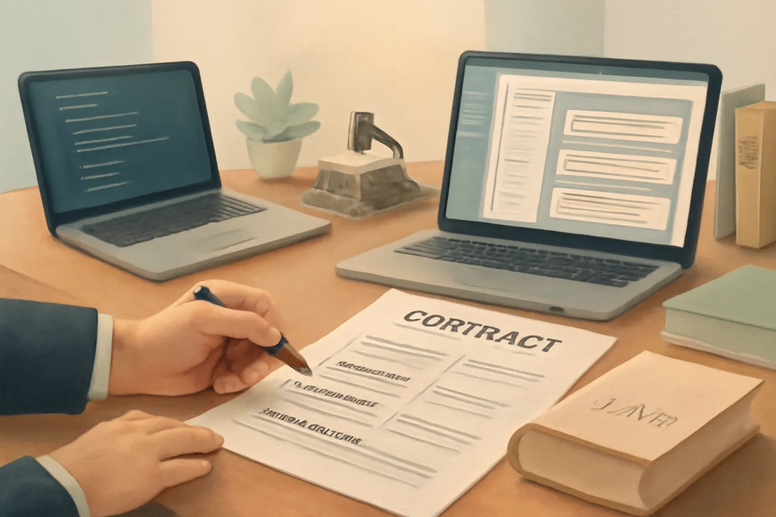 Professional workspace with vendor contracts and legal review items on a desk.