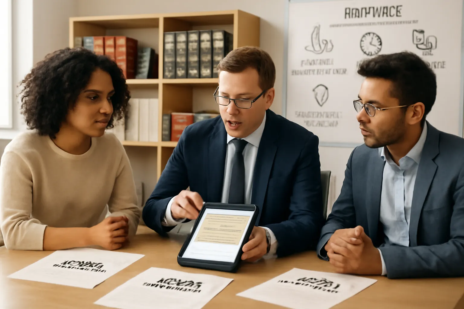 Professionals reviewing vendor contracts with legal expertise in a bright office setting.