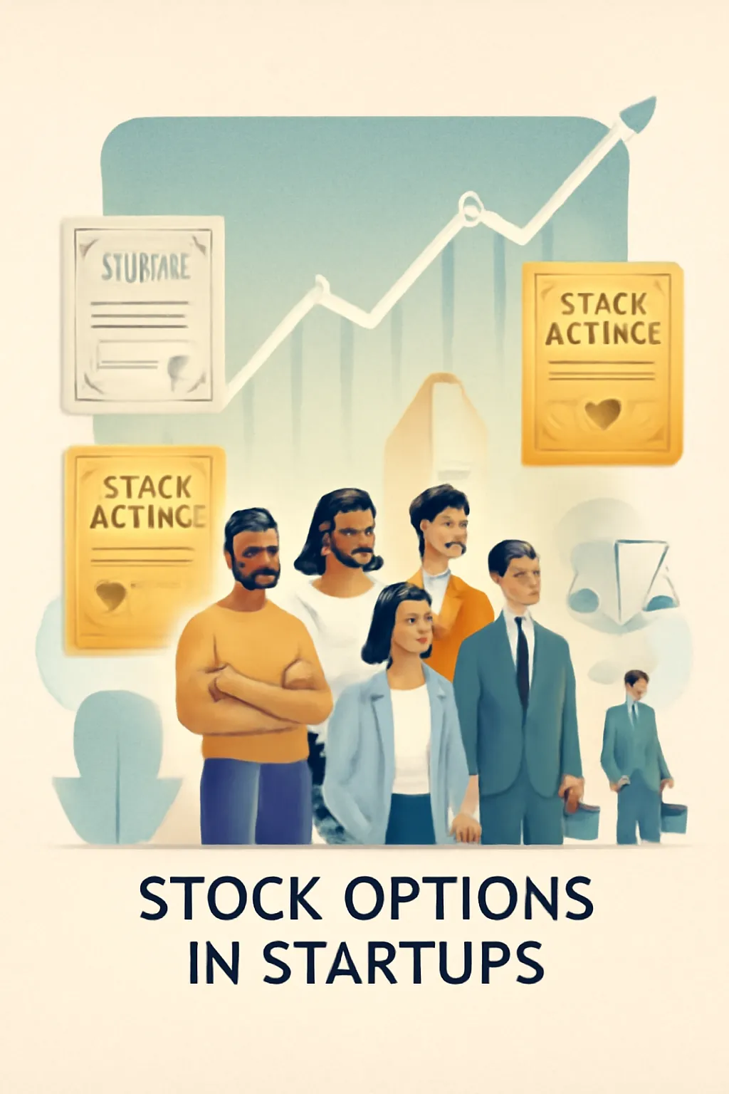 Stylized illustration of startup team with stock options, growth chart, and legal guidance symbols.