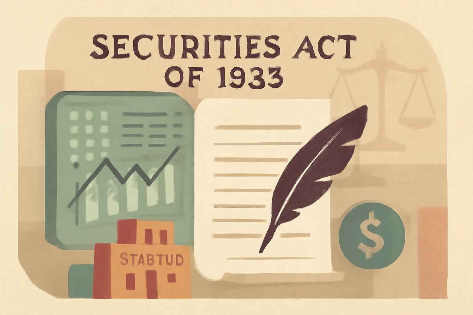 Vintage-style illustration showing stock market data, legal documents, and startup symbols