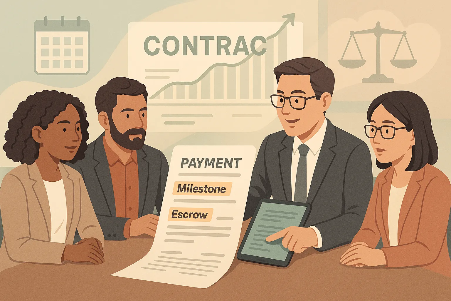 Business team with lawyer discussing contract payment terms around conference table