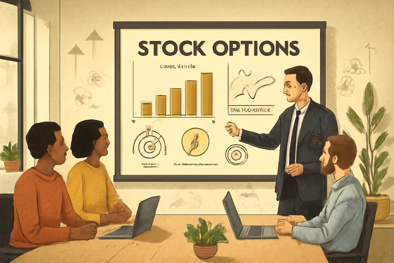 Startups team meeting with lawyer discussing incentive stock options and legal compliance.