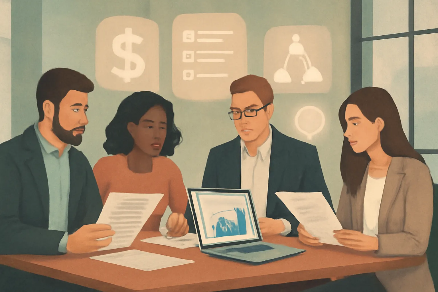 Startup team reviewing fundraising documents with legal and investor symbols around