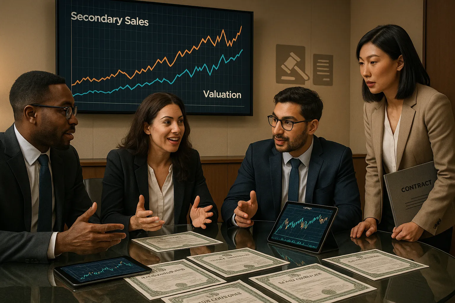 Professionals discussing startup secondary share sales with charts and legal contracts.