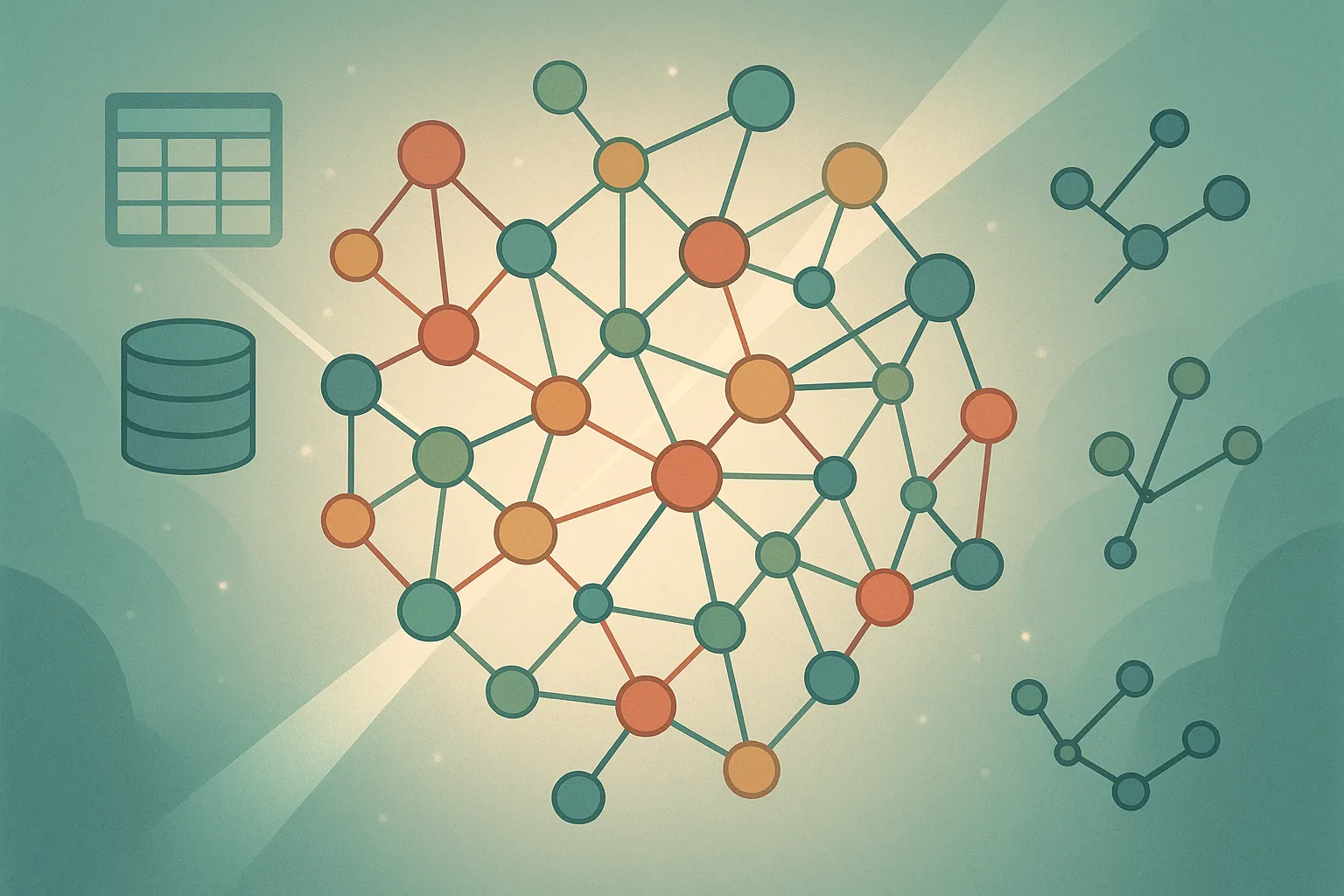 Stylized knowledge graph with interconnected nodes contrasting traditional database tables
