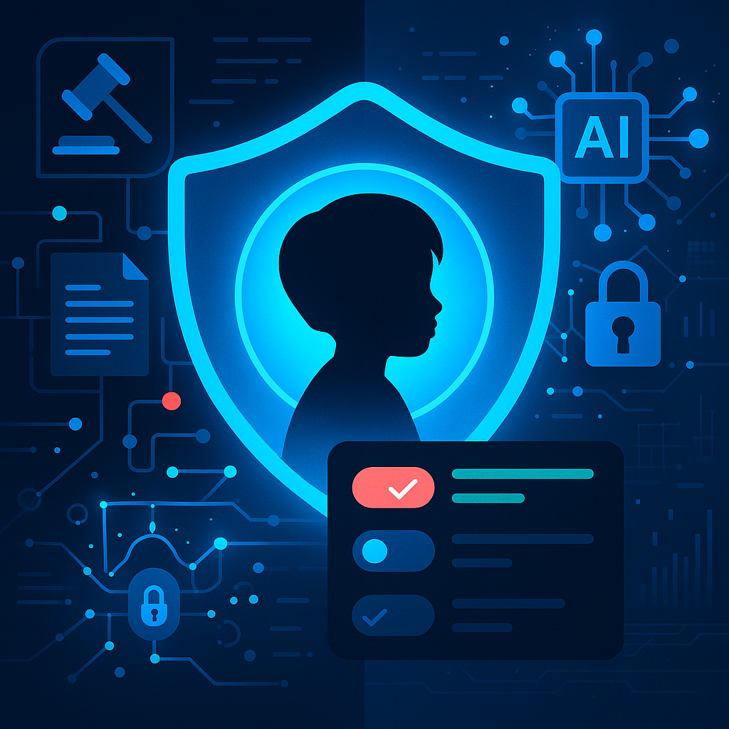 Child in glowing shield with consent icons, AI, and legal symbols showing digital privacy protection.