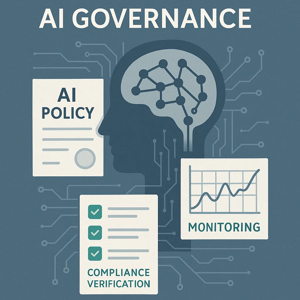 Slate-blue AI neural network with circuits, overlaid legal documents, charts, emerald accents