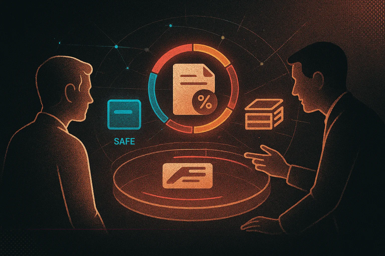 Founder and lawyer review convertible note, SAFE, and priced equity at a glowing console.