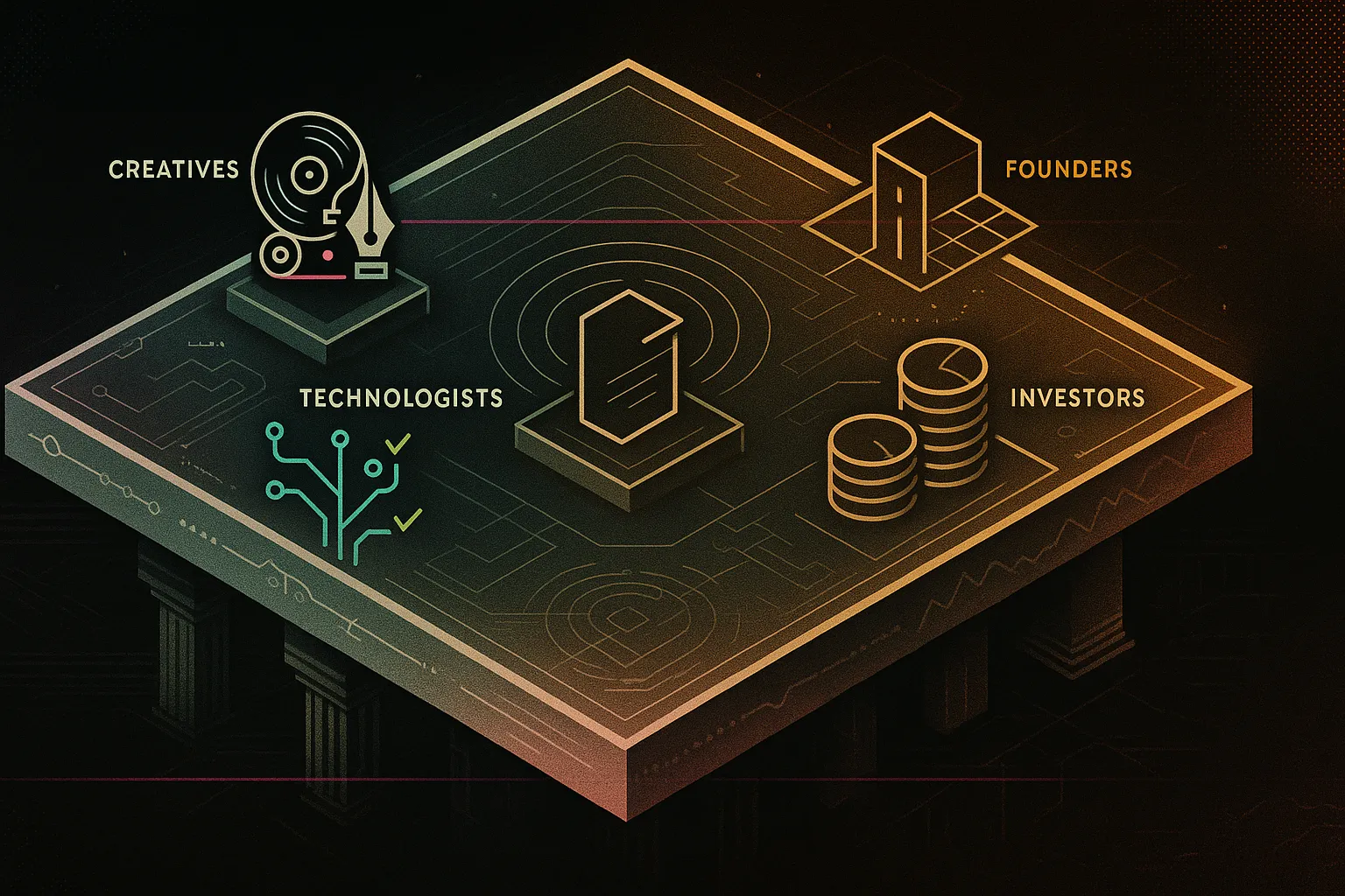 Isometric blueprint-circuit slab as legal-finance hub; four personas; central document.