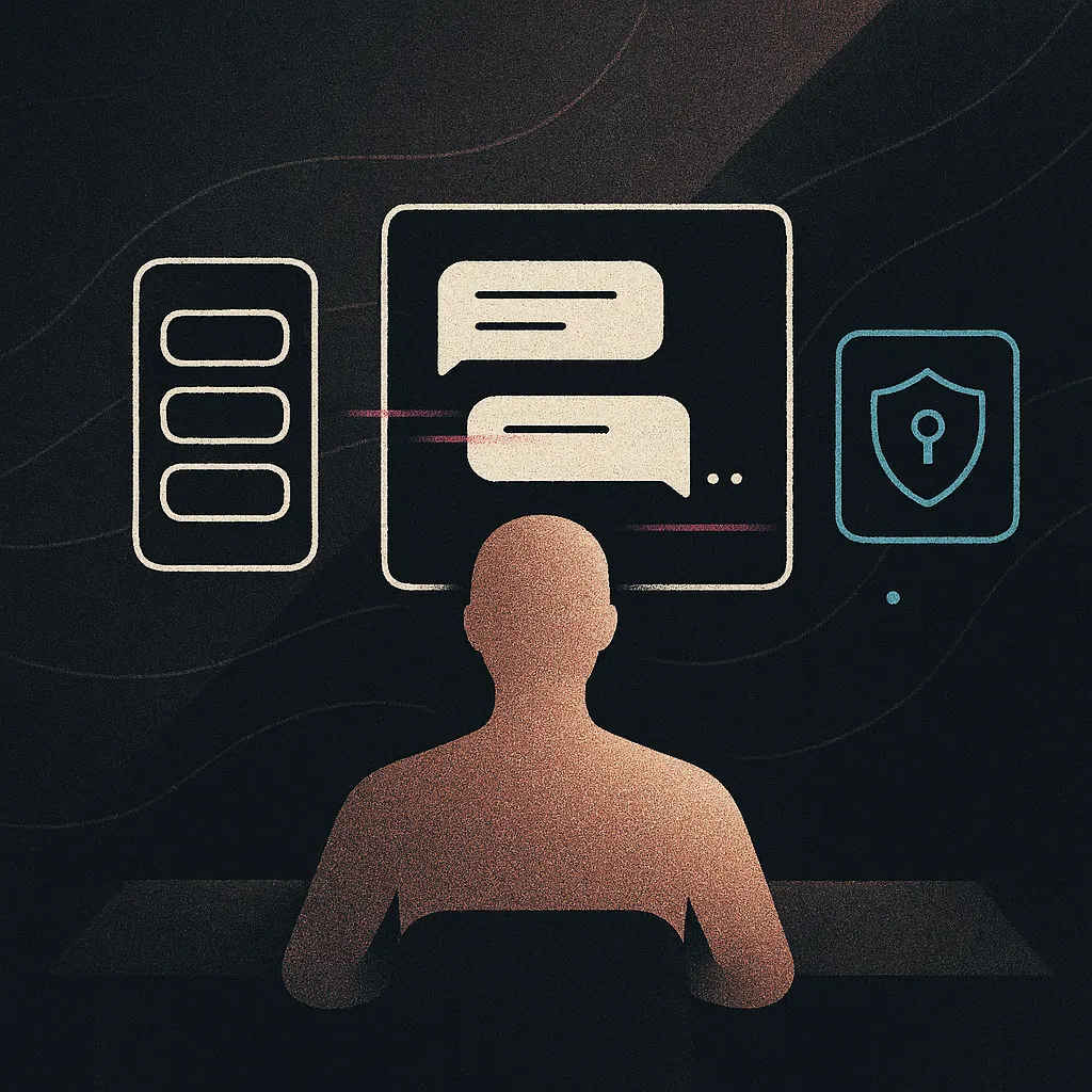 Rose-gold silhouette at desk with abstract steps, chat, and cyan lock on dark textured gradient.