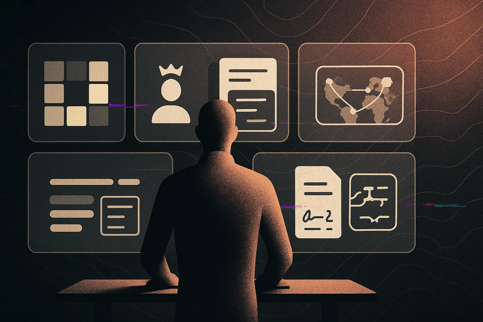 Rose-gold founder silhouette facing icon-tile AI dashboard; dark, high-contrast UI, subtle glitch