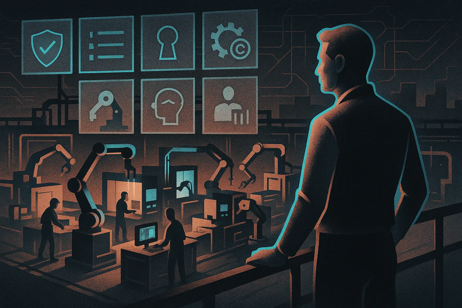 Silhouetted lead on catwalk over factory; robots work below; HUD icons suggest legal oversight.