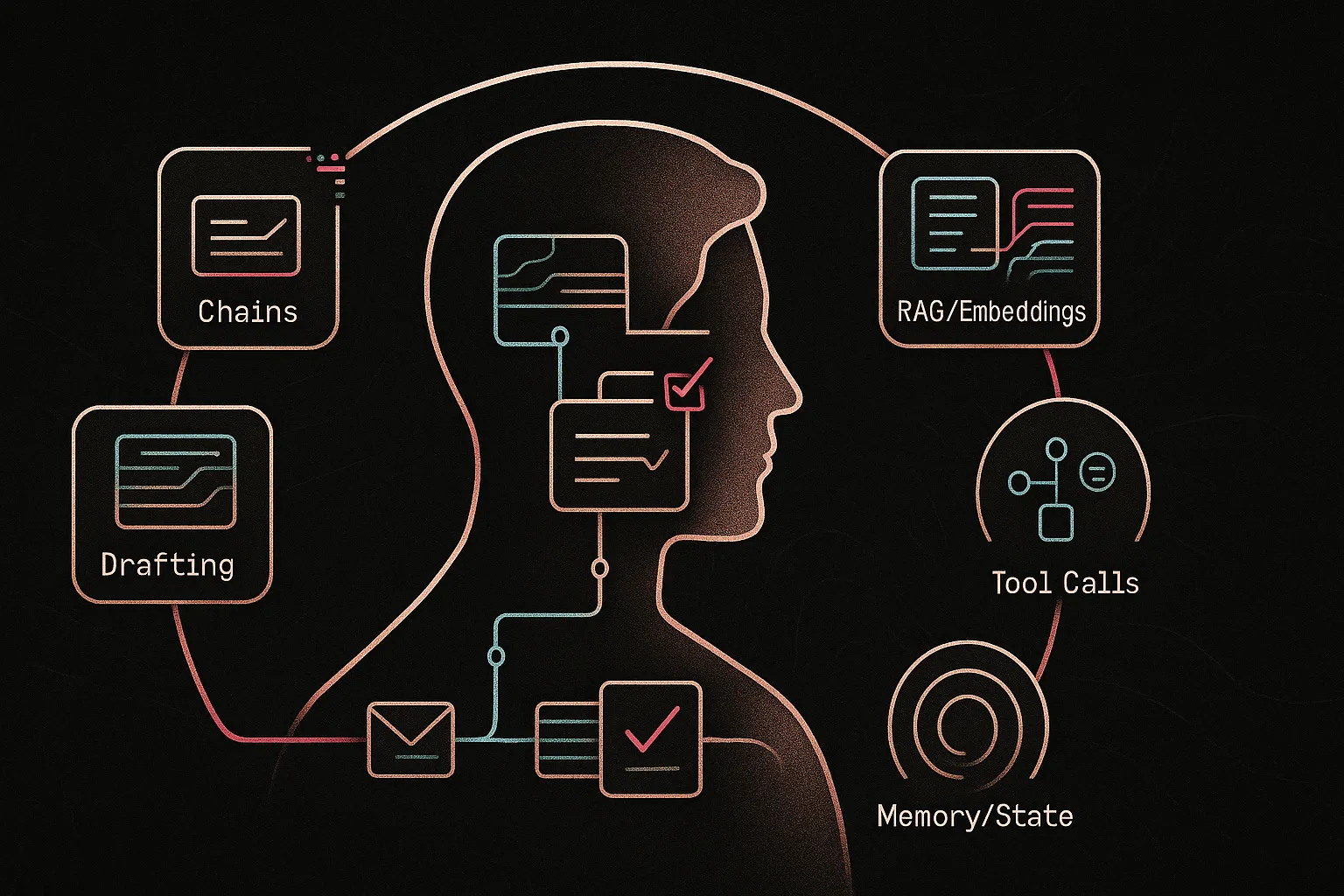 Stylized lawyer silhouette filled with flows; orbit of tiles maps a legal AI workflow.