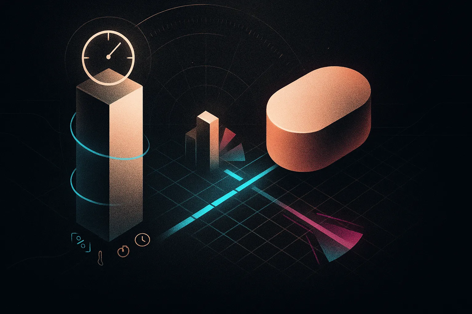 Abstract hero: note pillar with cyan timer vs SAFE pill, rail to cap table, dilution wedges.