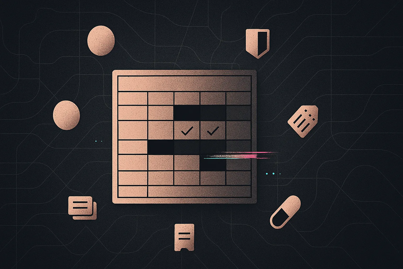 Rose-gold cap table panel with orbiting security icons, audit dots, subtle glitch on charcoal.