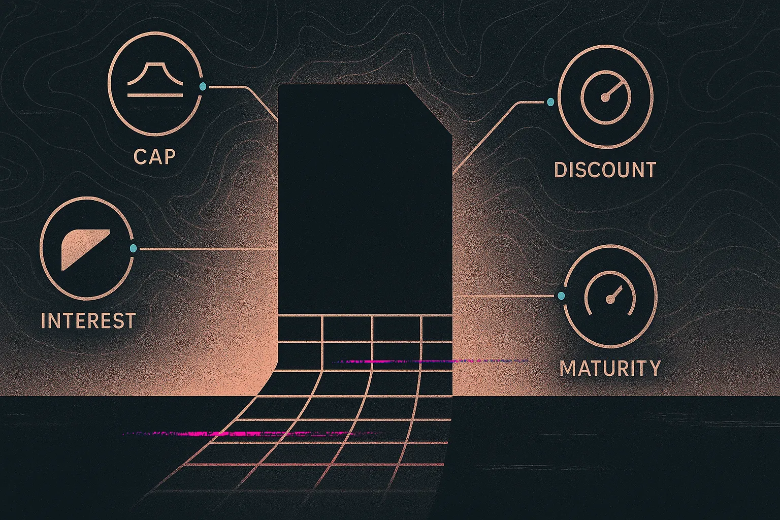 Convertible note morphs into cap table grid, with orbiting term icons and subtle glitch bands.