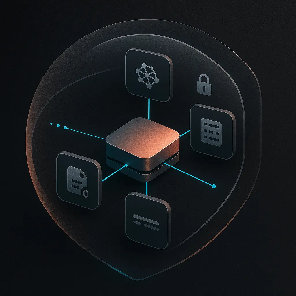 Isometric domain hub: copper node with orbiting app tiles, shielded subdomains, cyan links.