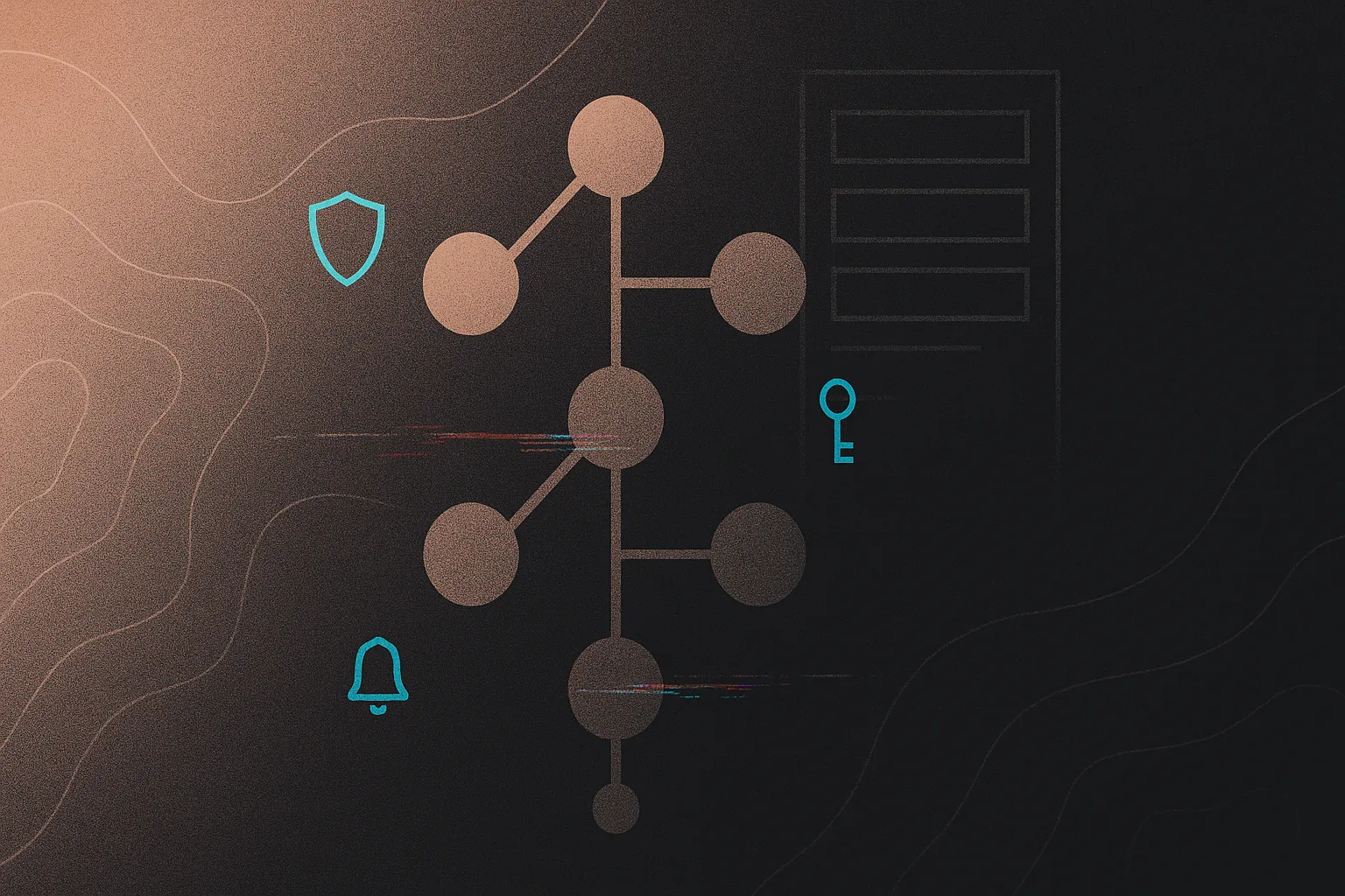 Futuristic node-backbone workflow on rose-gold/charcoal grain; cyan shield/key/bell checkpoints