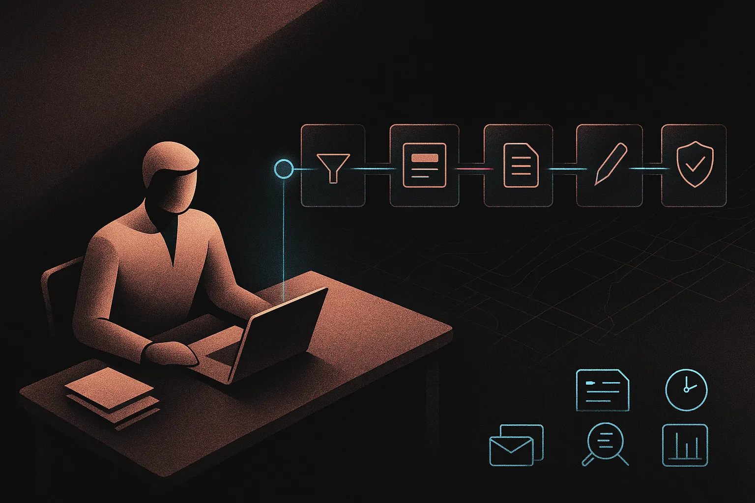 Rose-gold lawyer at desk with neon AI workflow, cyan checkpoints, on dark textured background