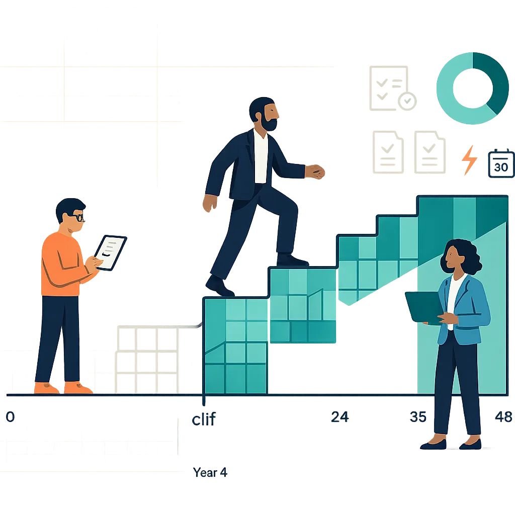 Vector illustration of a vesting timeline with a 1-year cliff and rising steps to 4 years