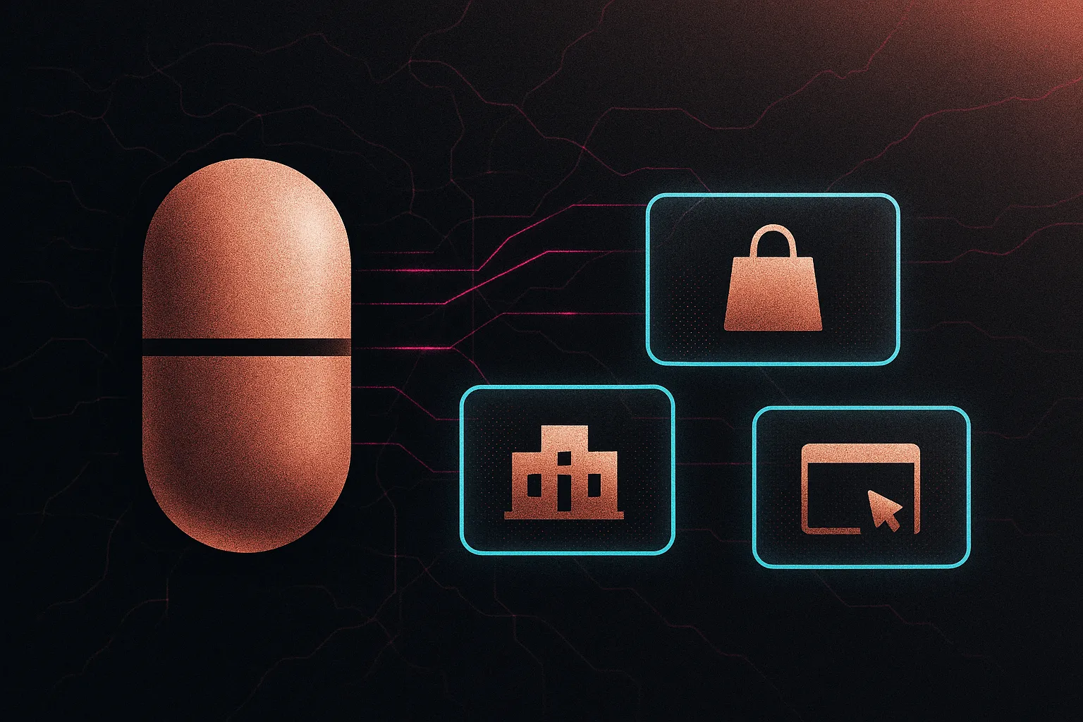 Rose-gold master vault links to cyan-outlined compartments with property, bag, and app icons