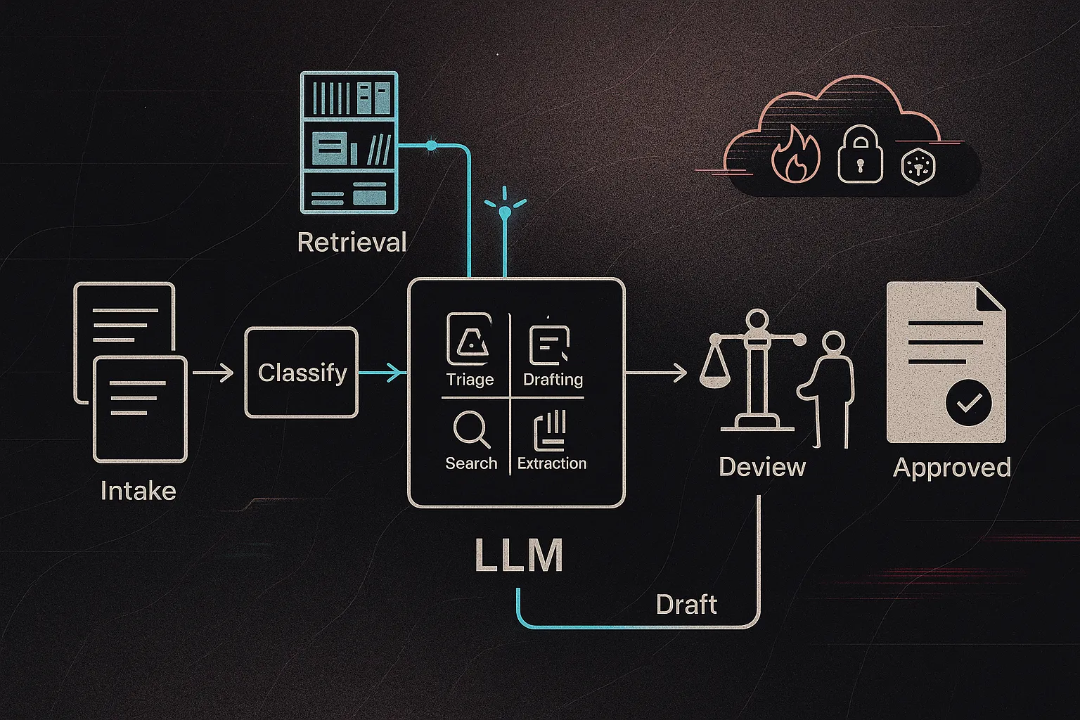 LLM workflow diagram with RAG vault and lawyer approval gate, risk cloud pushed aside
