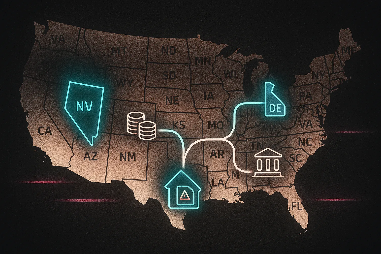 Stylized US map with neon cyan paths linking home state to DE/WY/NV, compliance icons.