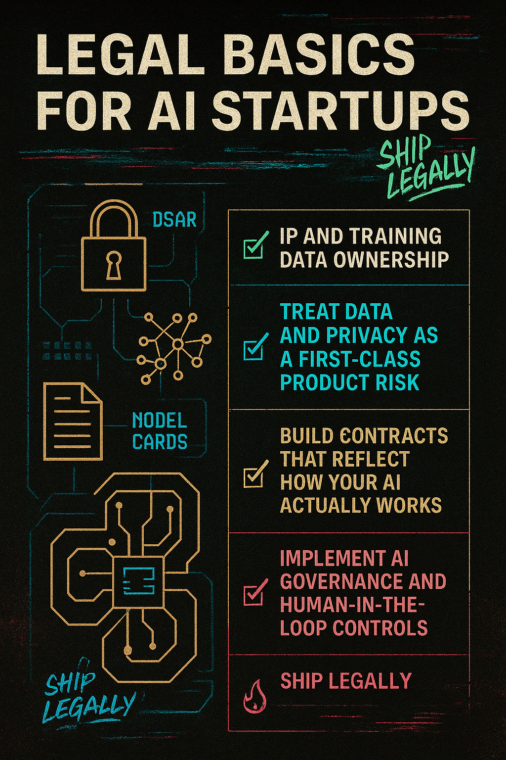 LEGAL BASICS FOR AI STARTUPS — IP & DATA • PRIVACY • CONTRACTS • GOVERNANCE — SHIP LEGALLY. Neon text on a dark glitch background with tech and legal-themed icons.