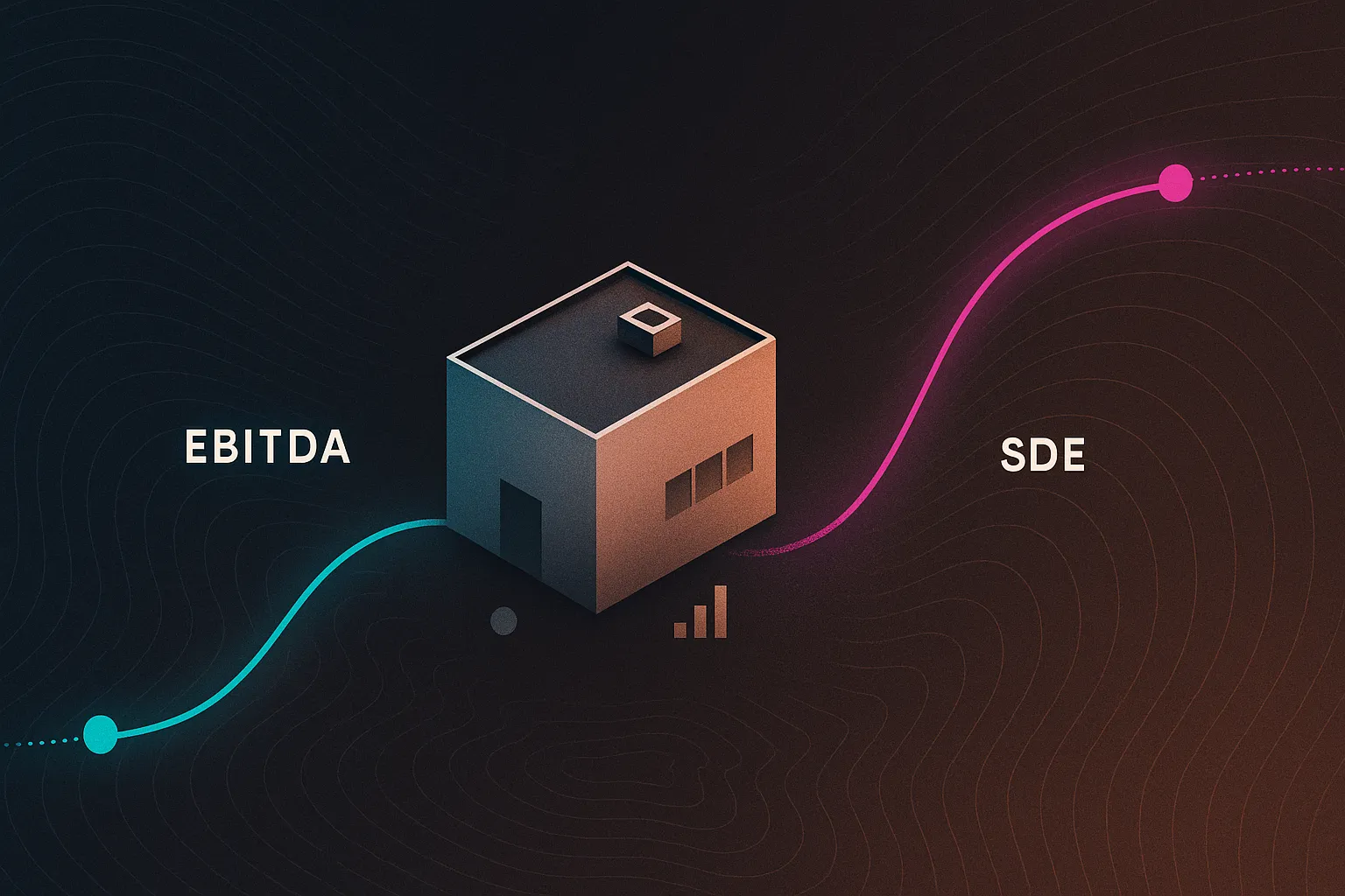 Metallic business block with diverging EBITDA (cyan) and SDE (magenta) valuation curves.