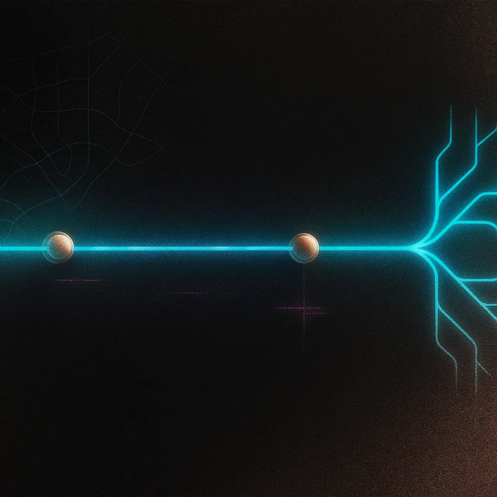 Neon cyan timeline across dark grain, rose‑gold nodes, magenta ghost forks, subtle glitch.