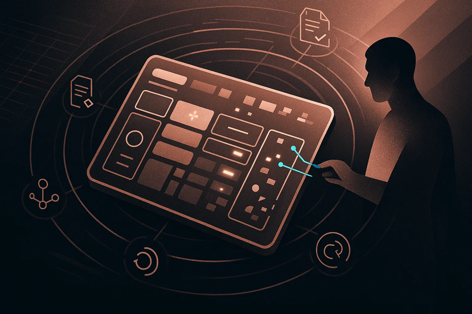 Abstract cap table control board; rose‑gold counsel silhouette anchors tiles and equity rings.