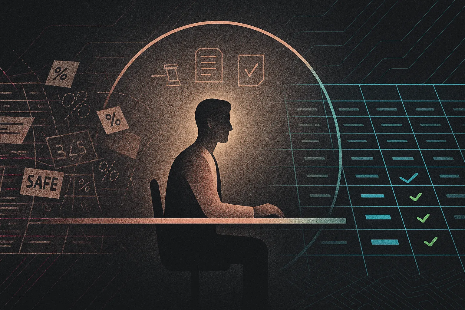 Founder silhouette at desk-grid; messy cap table left, ordered right; rose-gold lawyer review arc.