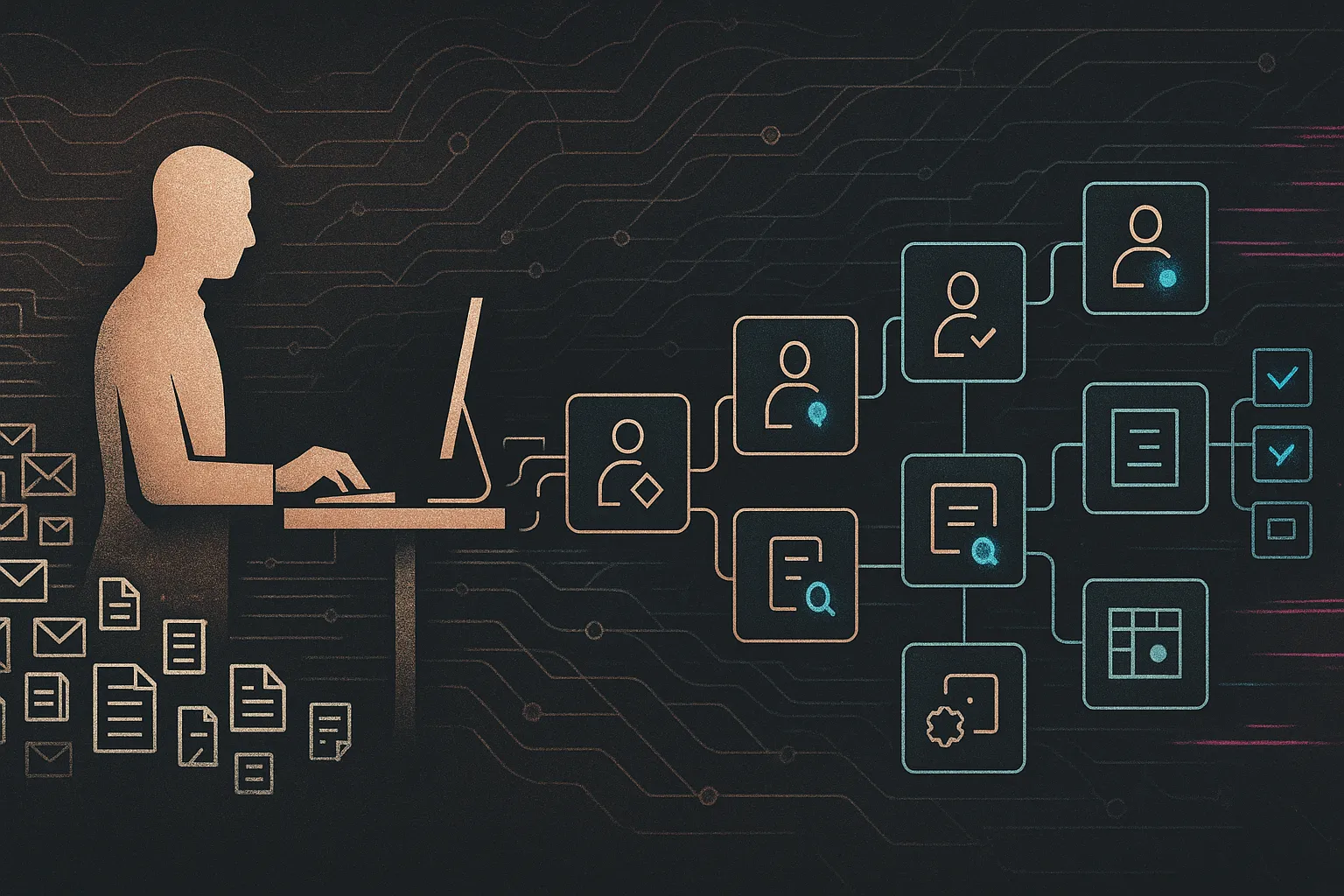 Rose-gold lawyer silhouette guiding cyan workflow nodes; lawyer-in-the-loop AI and checkpoints