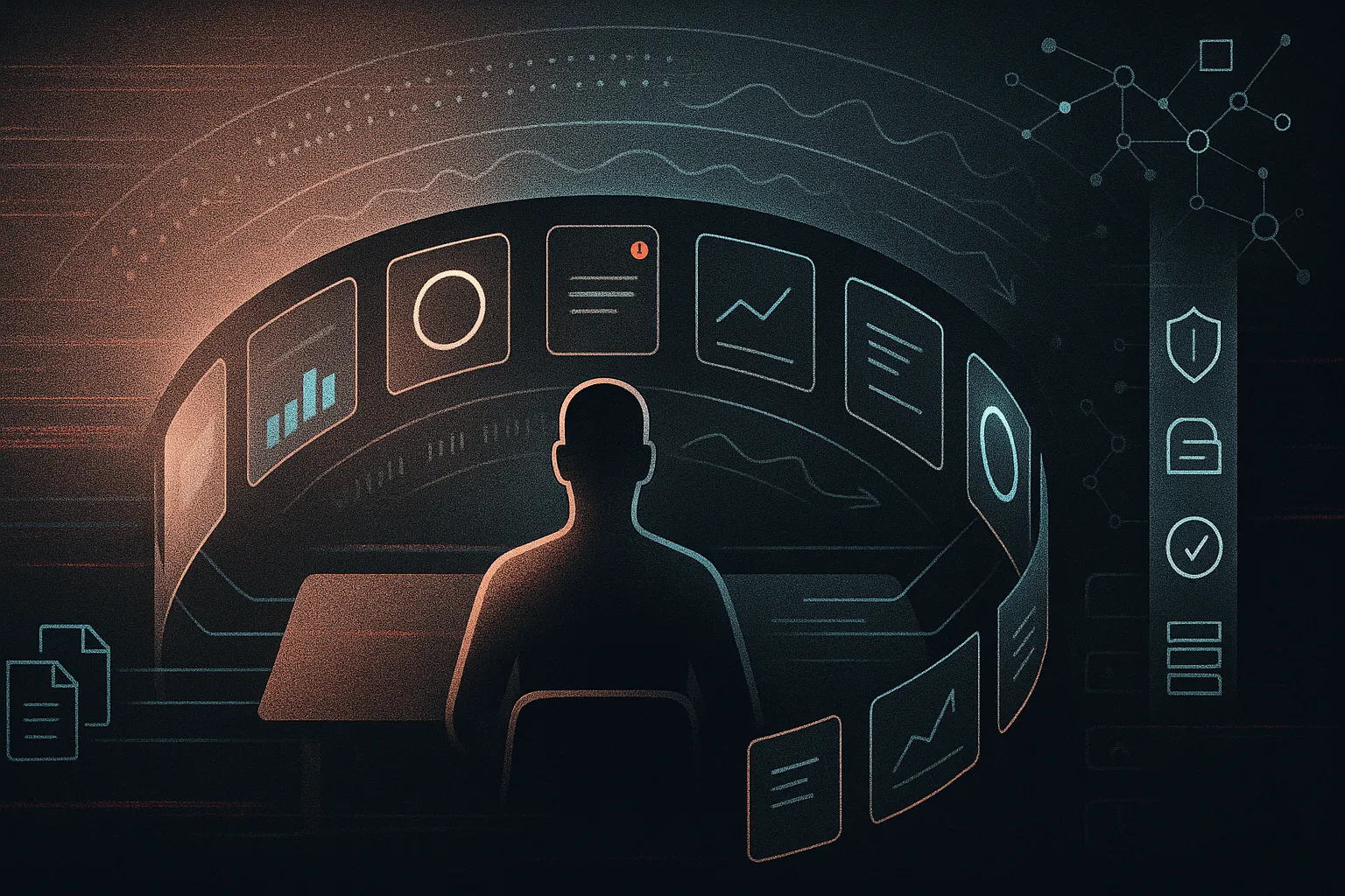 Legal silhouette with arc dashboard; hazy-to-structured tiles, AI alerts, and governance spine