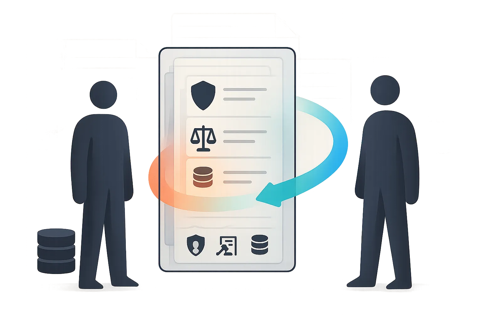 Abstract figures transfer segmented risk flow through layered contract with shield/coins icons