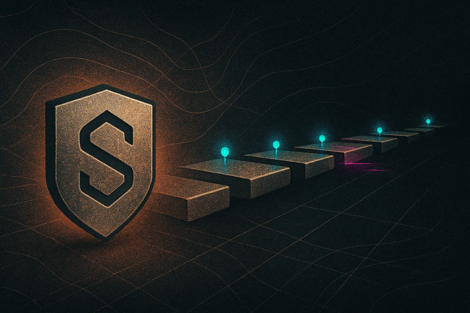 Metallic digital trademark plaque with receding timeline, cyan checkpoints, and risk halos