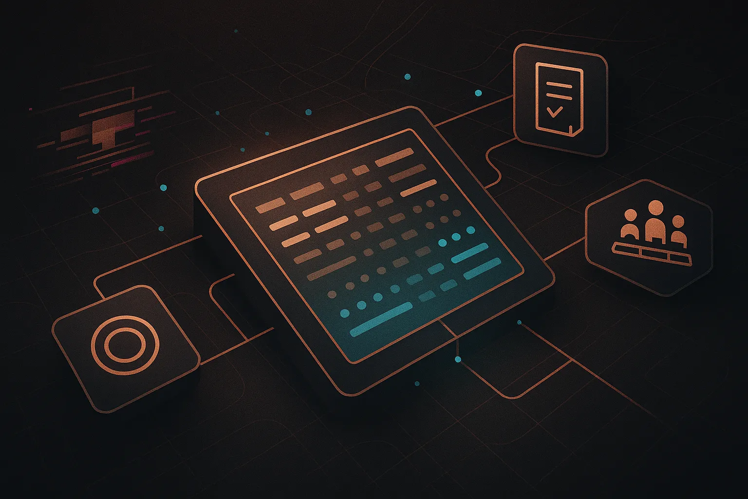 Isometric cap-table console glowing cyan with linked legal, SAFE, options tiles; clean vs glitch.