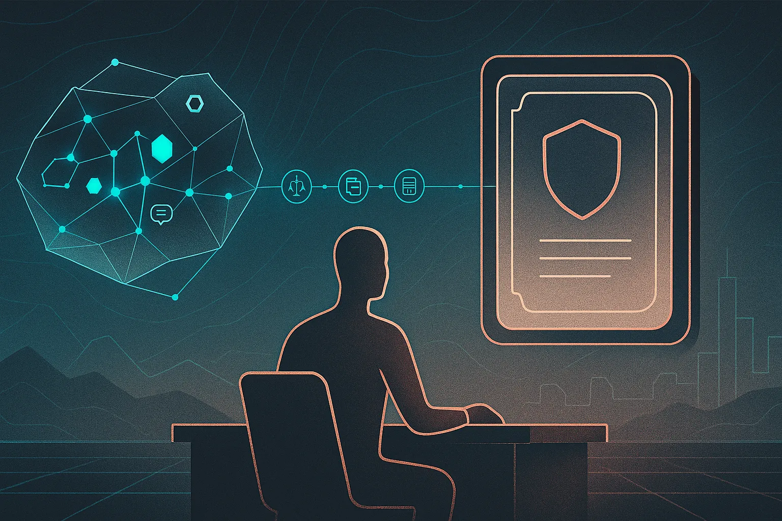 Founder at desk linking abstract DAO network to rigid legal frame via glowing cyan roadmap path