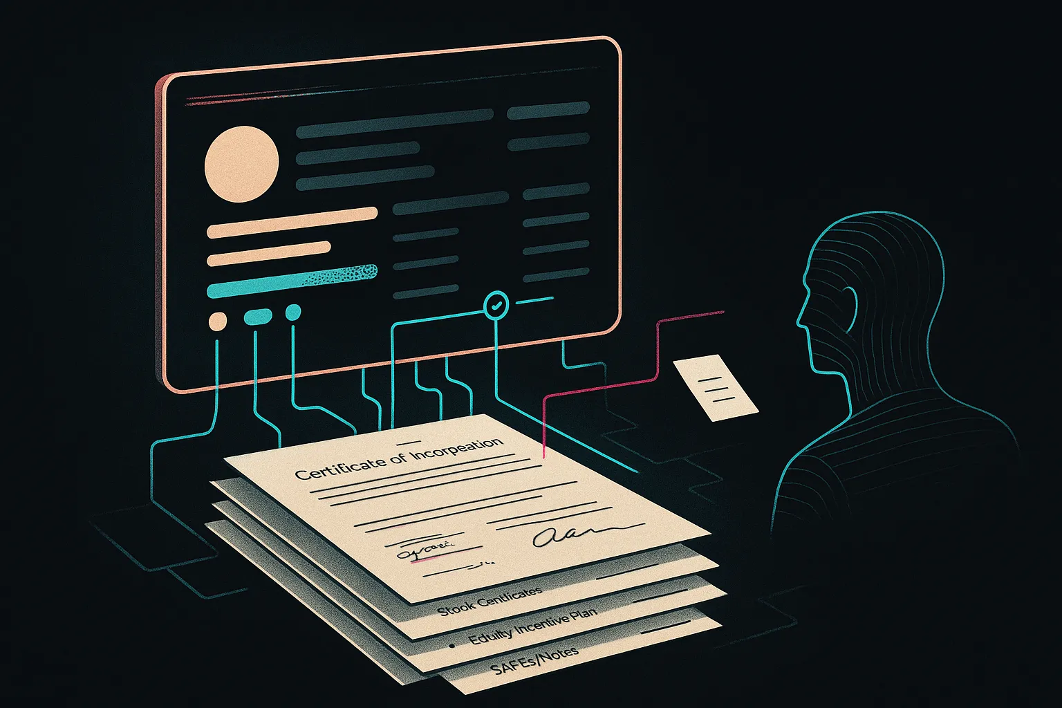 X-ray cap table dashboard over legal docs, cyan links, magenta glitches, counsel silhouette.