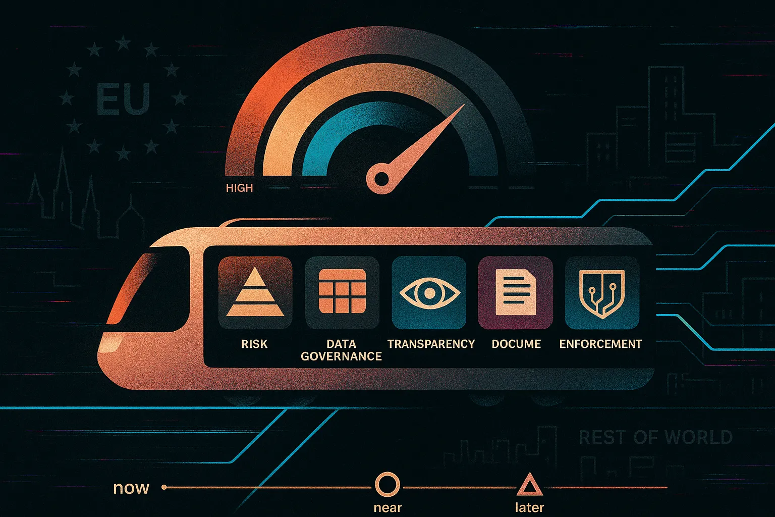 Rose-gold tram silhouette with AI duty icons, EU/global split, cyan route, risk dial.