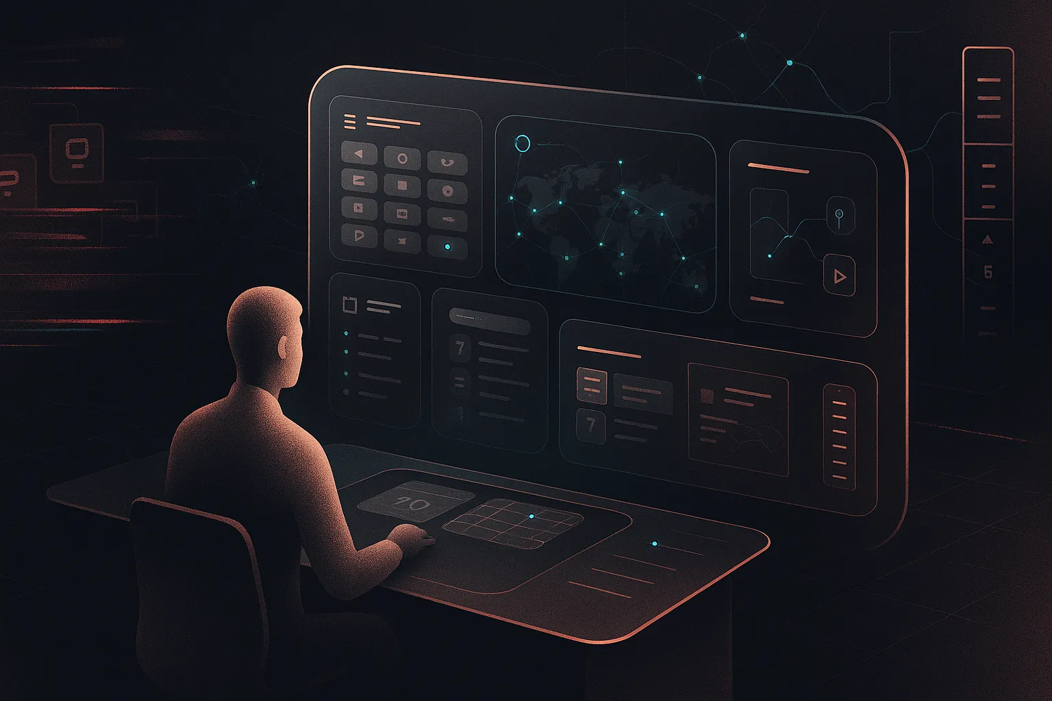 Isometric dashboard: metallic silhouette tames chaotic trademark risks into an ordered workflow