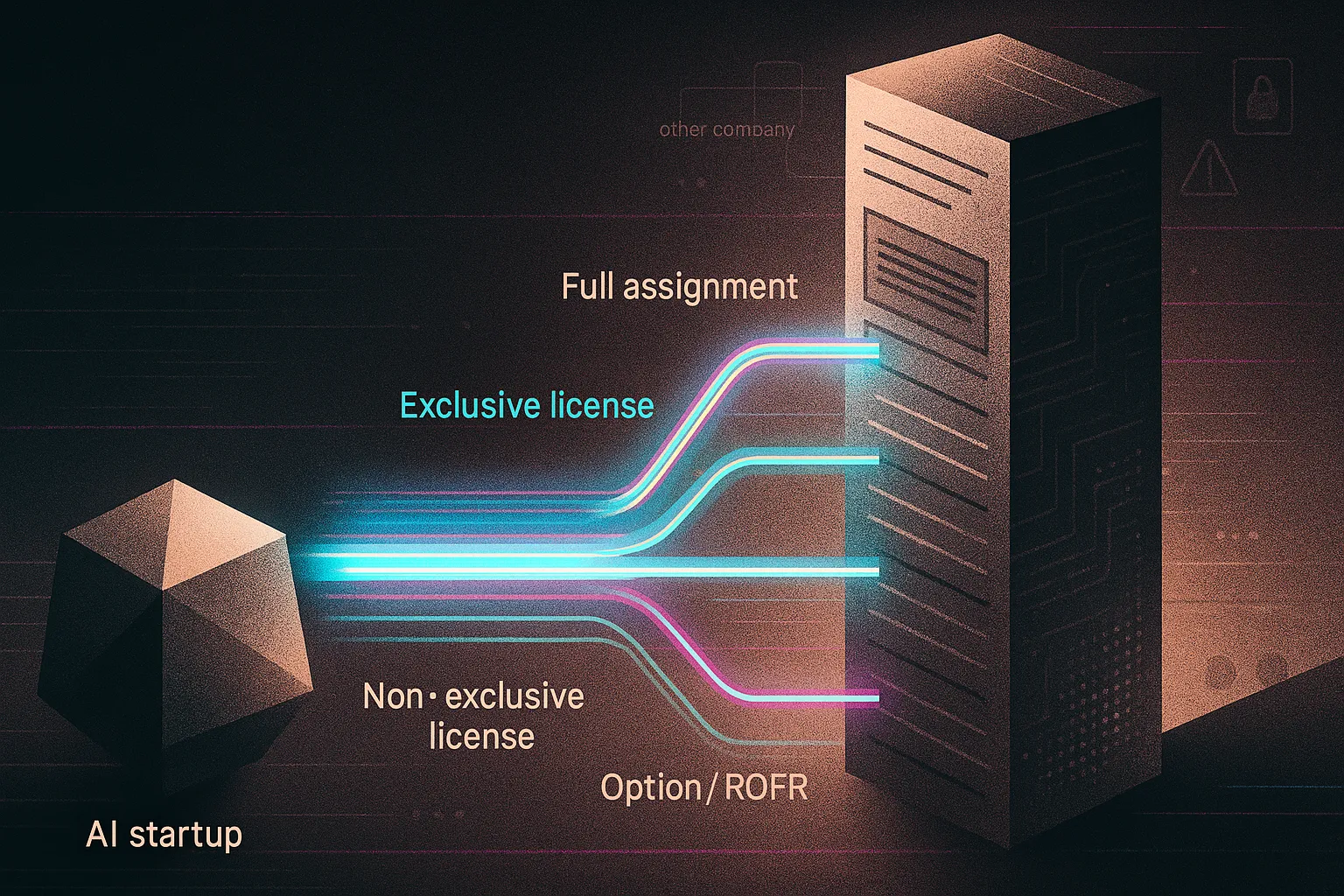 AI startup node linked to patent tower by four glowing deal paths on a dark glitchy grid