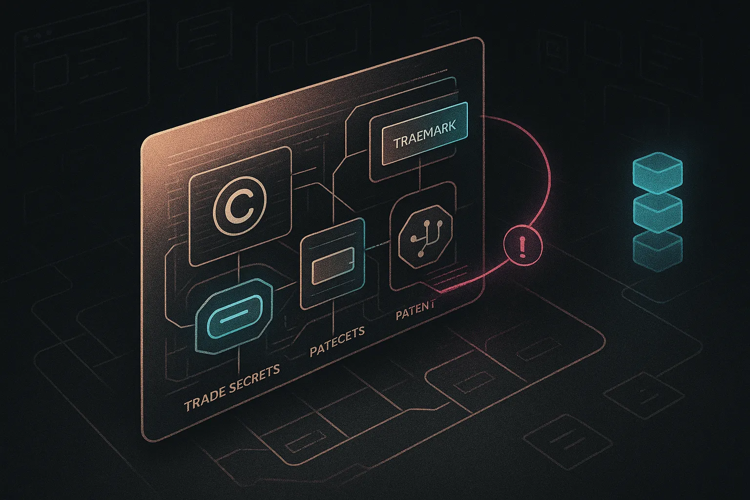 Isometric IP incident dashboard with glowing tiles, map lines, and magenta escalation path