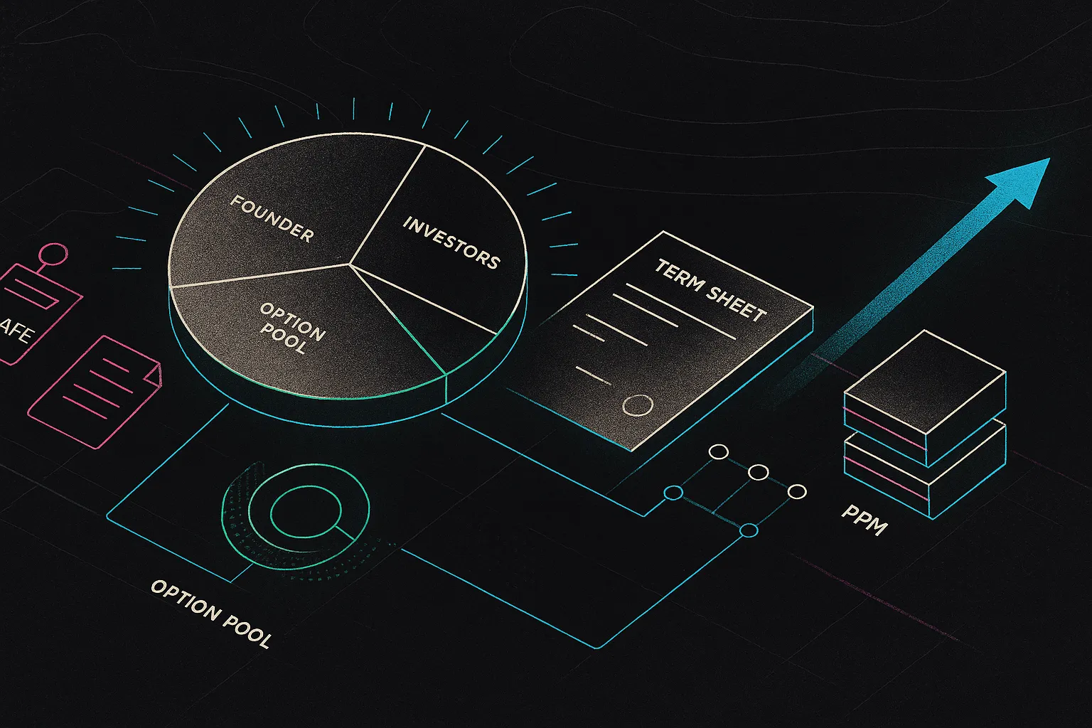 Isometric blueprint table showing cap table disk and VC legal tracks in neon cyan/rose gold on black.