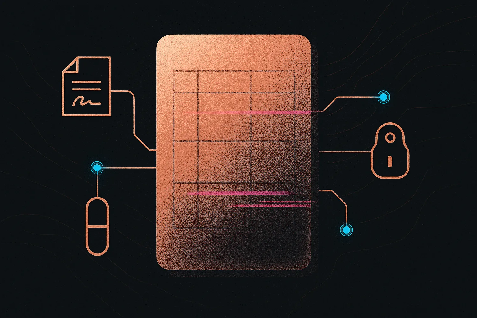 Rose-gold cap-table slab floats in black, cyan nodes, orbiting icons, subtle glitch bands.